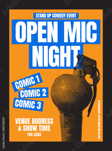 Open Mic Night, for comedy club or stand up comedy event, print poster or flyer, with grenade on top of microphone, vector design