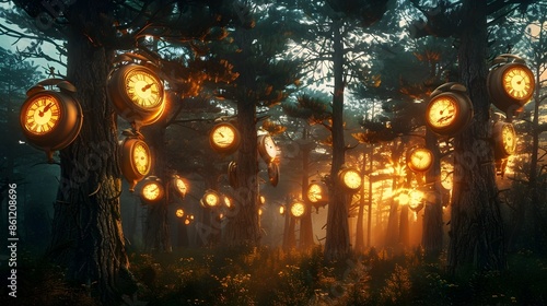 Surreal Clocks Growing on Trees in a Fantastical Autumn Forest Blending Nature and Time Concept