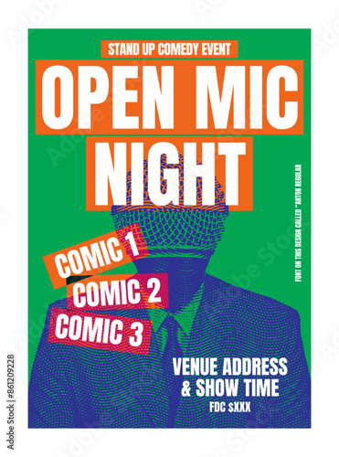 Stand Up Comedy Poster with Microphone head on body Silhouette. Popular events and culture concept, vector format