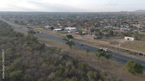 Aerial view of the Southern bushveld savannah region and a rural Township with residential housing. Third world Africa.