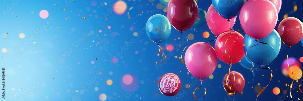A festive celebration with colorful balloons, confetti, and school symbols against a blue background. Generative AI A festive celebration with colorful balloons, confetti, and school symbols against a blue background. Generative AI