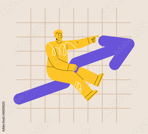 Man riding on development arrow meaning success. Development, Stock market rising, positive growing concept. Colorful vector illustration
