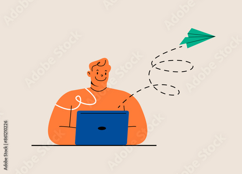 Man working on laptops. Concept  working process, management, freelance. Colorful vector illustration