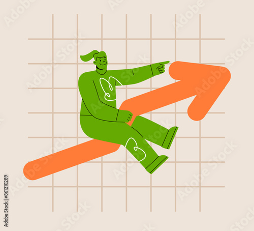 Woman riding on development arrow meaning success. Development, Stock market rising, positive growing concept. Colorful vector illustration