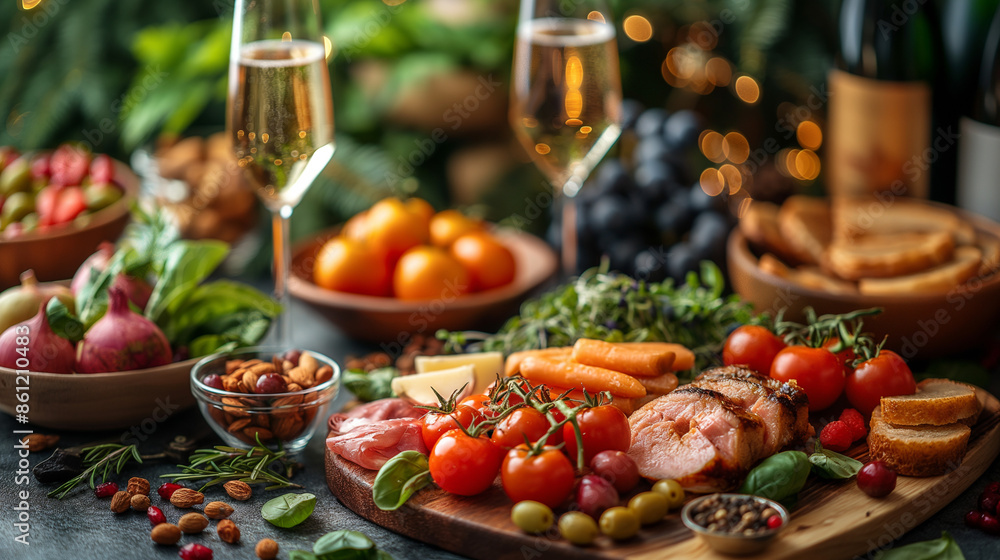 holiday summer brunch party table outdoor in a house backyard with appetizer, glass of wine, fresh drink and organic vegetables holiday summer brunch party table outdoor in a house backyard with appetizer, glass of wine, fresh drink and organic vegetables
