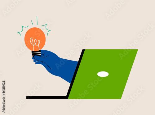 Hand holding lightbulb coming out of laptop screen. Colorful vector illustration