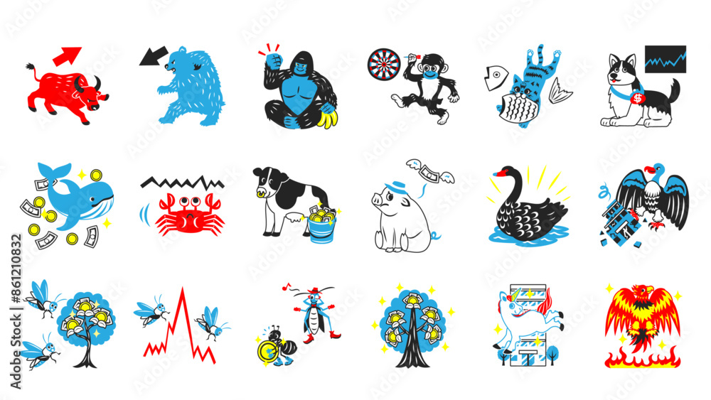 投資に関する動物・生き物のイラスト。シンプルなベクターイラストセット。 Illustrations of animals and creatures related to investments. Simple vector illustration set. 投資に関する動物・生き物のイラスト。シンプルなベクターイラストセット。 Illustrations of animals and creatures related to investments. Simple vector illustration set.