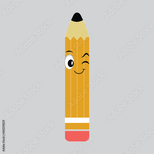 Hand drawn cute illustration school pencil character with smiling face. Flat icon college stationery with rubber in colored doodle style. Education or study sticker, icon. Back to school. Isolated.