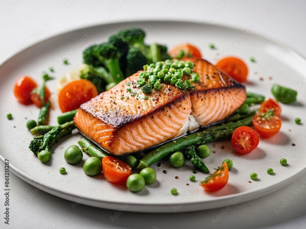Savory salmon filet steak over a variety of vegetables, cinematic food photography Savory salmon filet steak over a variety of vegetables, cinematic food photography