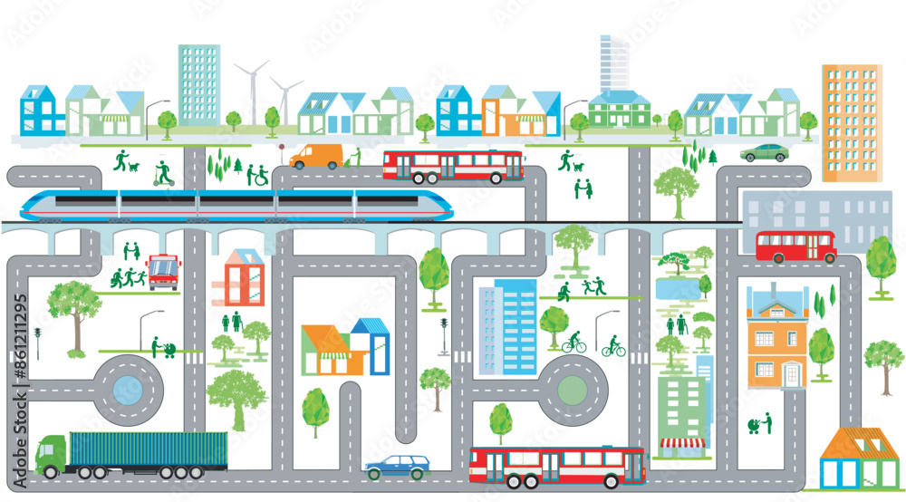 Obraz premium Stadtübersicht mit Verkehr und Häusern, Information illustration