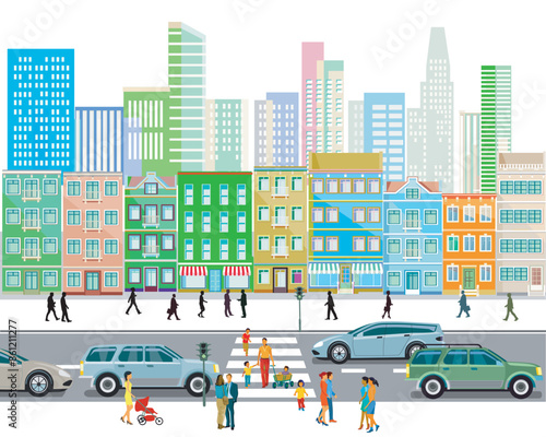 Stadtsilhouette einer Stadt mit Verkehr und Menschen,  illustration