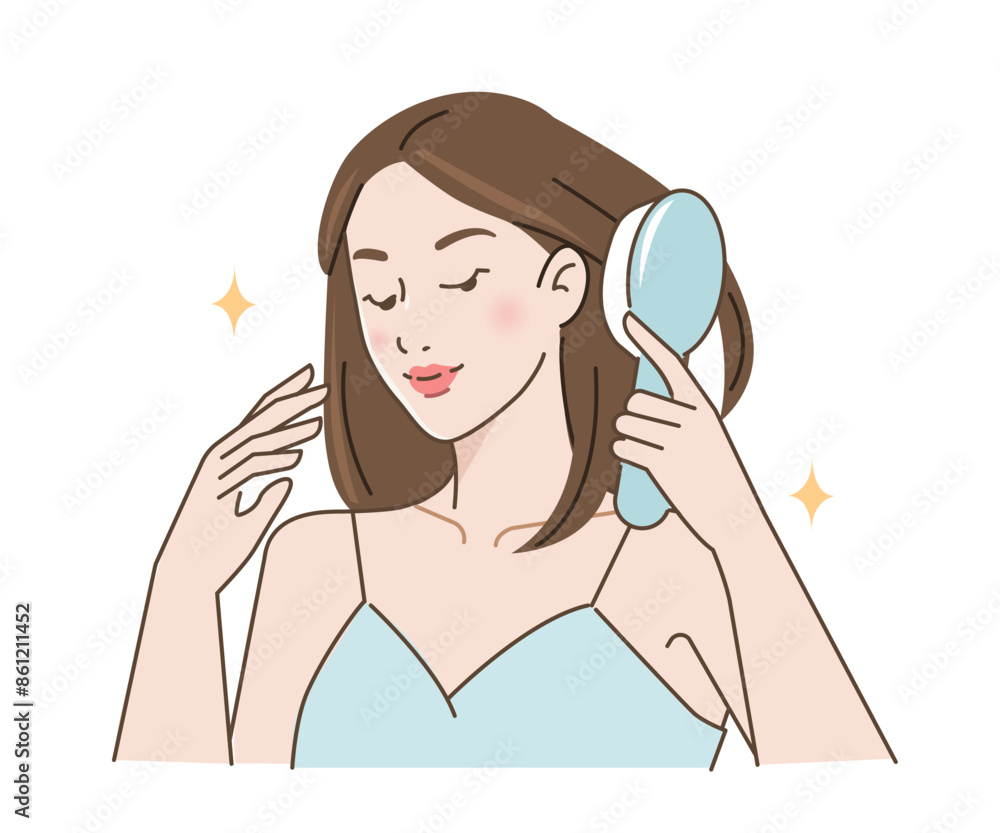 Haircare and combing. Girl brushing her hair with round comb. Beauty and hygiene concept. Vector illustration. Haircare and combing. Girl brushing her hair with round comb. Beauty and hygiene concept. Vector illustration.