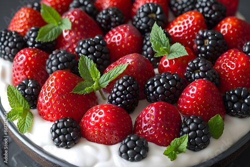 Fresh Berry Dessert with Strawberries and Blackberries Garnished with Mint Leaves photo