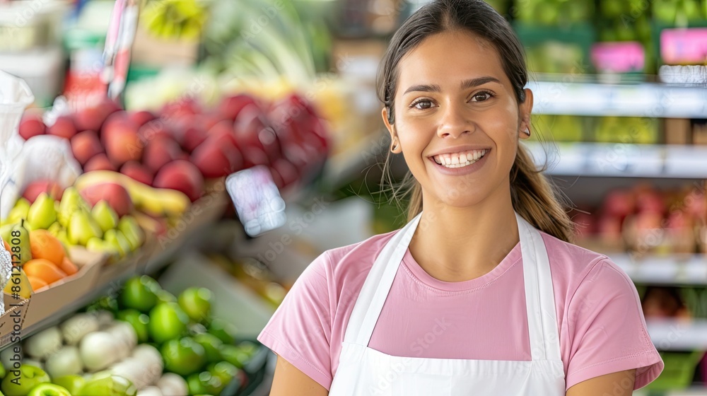 Smiling Produce Clerk in a Vibrant Grocery Store Smiling Produce Clerk in a Vibrant Grocery Store