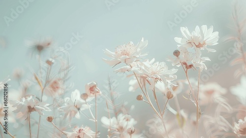 graceful display of delicate flowers against a soft, ethereal background, Simple composition with ample space for text © Denis