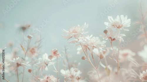 graceful display of delicate flowers against a soft, ethereal background, Simple composition with ample space for text