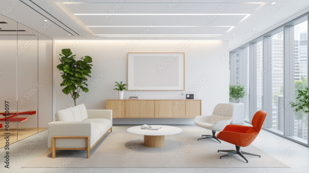 Business open space with red shade in modern office for comfortable meeting Business open space with red shade in modern office for comfortable meeting