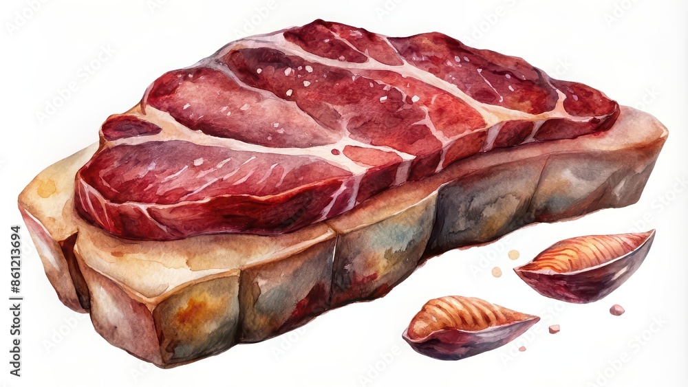 Watercolor painting of beef steak with a variety of cuts, isolated on white background, watercolor, beef steak, meat, food, gourmet, cooking, isolated, white background, juicy, delicious Watercolor painting of beef steak with a variety of cuts, isolated on white background, watercolor, beef steak, meat, food, gourmet, cooking, isolated, white background, juicy, delicious