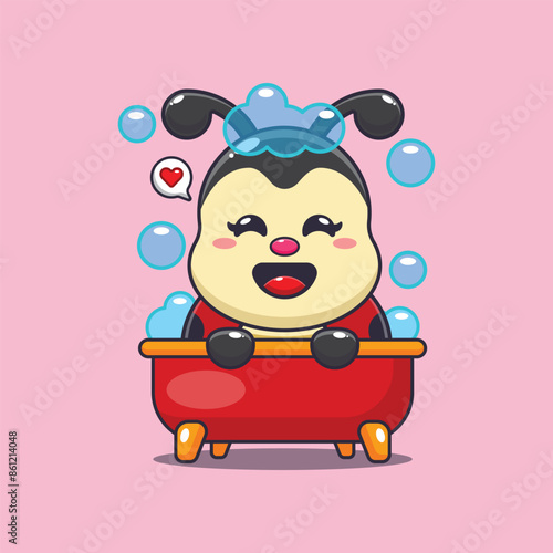 Cute ladybug taking bubble bath in bathtub cartoon vector illustration