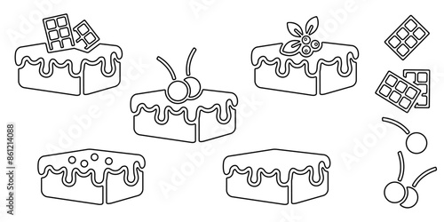 Brownie line icon, black outline isolated on white. Square piece of cake or pie with icing decorated with chocolate bar, cherry and nuts. Vector clipart, minimalist sign, logo of bakery.