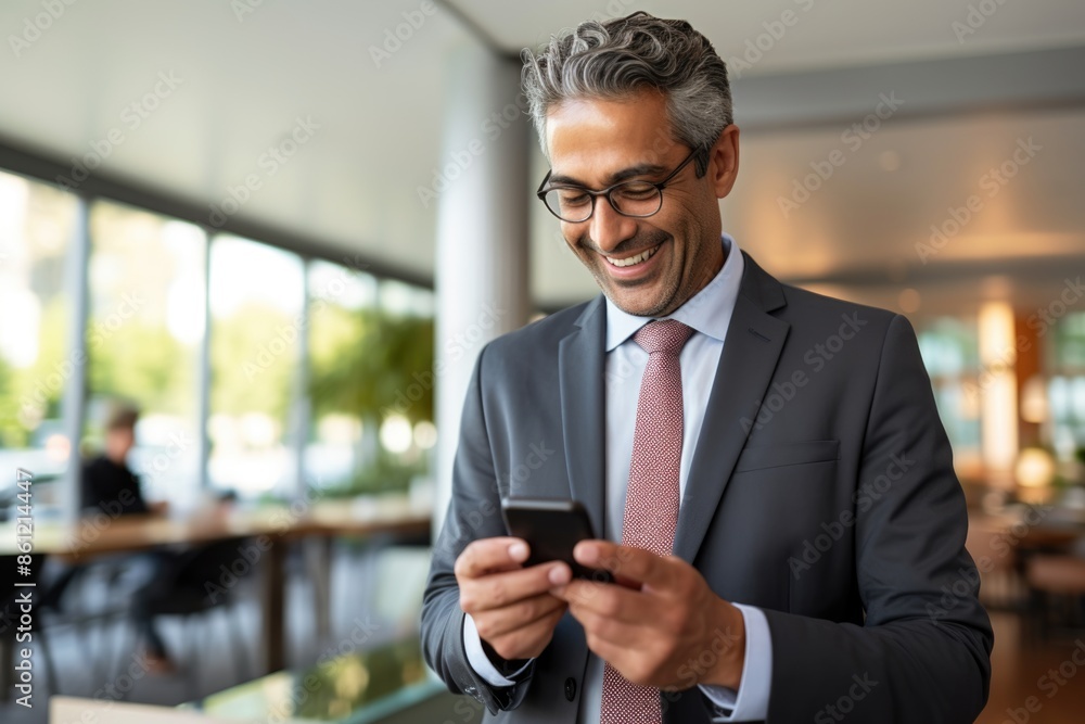 Smiling Businessman Using Smartphone in Modern Office Smiling Businessman Using Smartphone in Modern Office