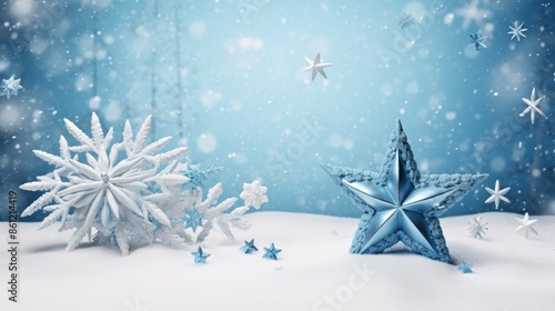 Blue Christmas star decoration with pine cones in snow.