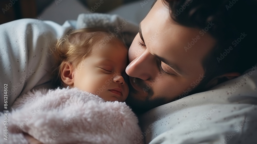 Tender Fatherhood Moment with Sleeping Baby at Home Tender Fatherhood Moment with Sleeping Baby at Home