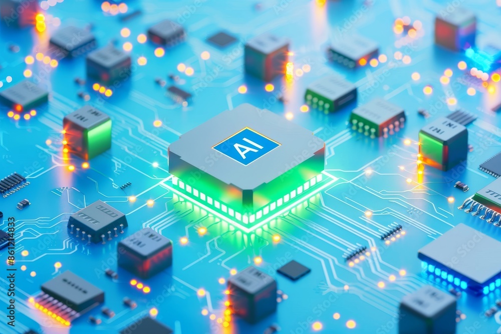 AI microchip with neon lights on a futuristic motherboard, symbolizing cutting edge technology, artificial intelligence, and advanced computing AI microchip with neon lights on a futuristic motherboard, symbolizing cutting edge technology, artificial intelligence, and advanced computing