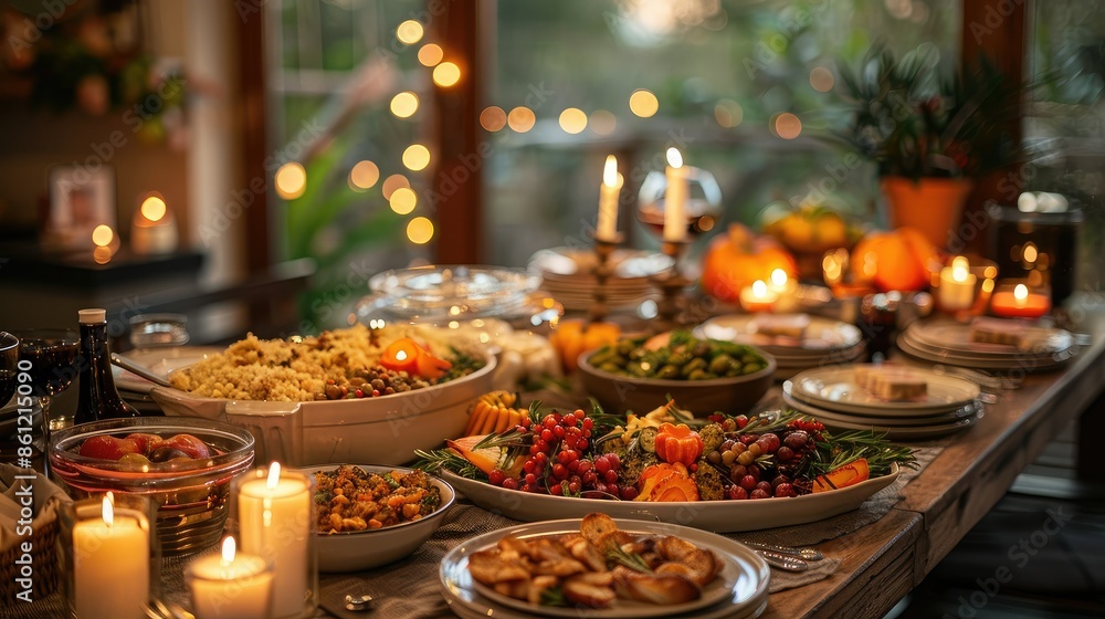 A table set with an elegant Thanksgiving feast, lit by candlelight A table set with an elegant Thanksgiving feast, lit by candlelight