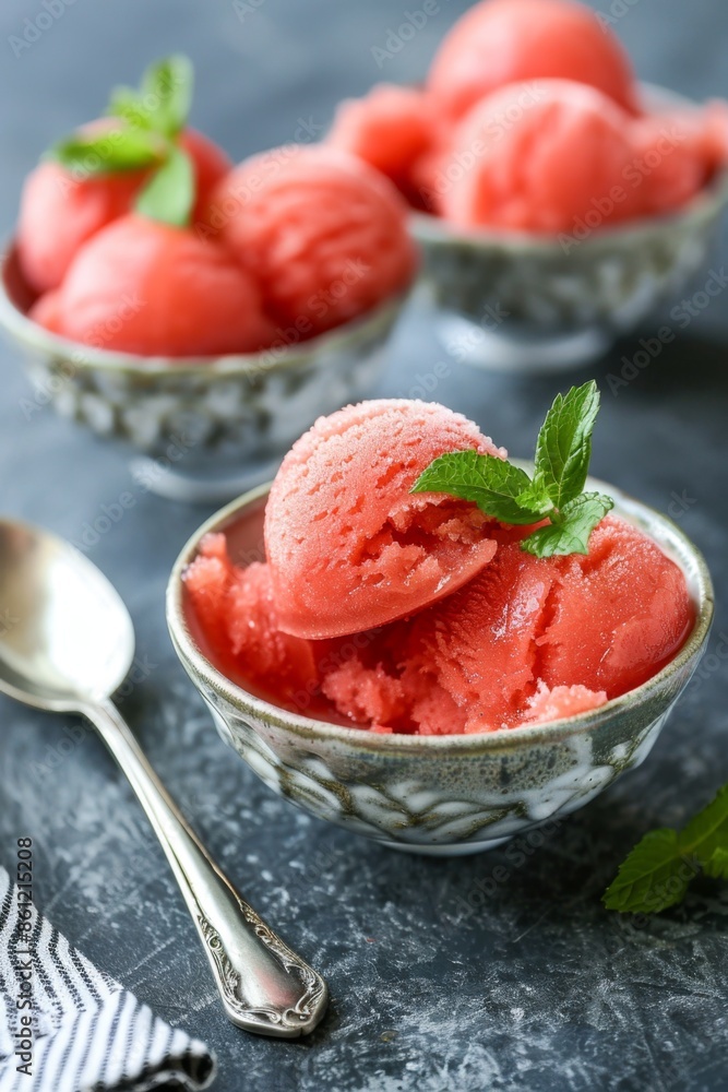 Gourmet Strawberry Ice Cream in Elegant Ceramic Bowl. One-Ingredient Watermelon Sorbet Gourmet Strawberry Ice Cream in Elegant Ceramic Bowl. One-Ingredient Watermelon Sorbet