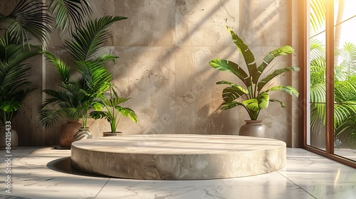 Marble platform with potted tropical plants in a sunny room with large windows.