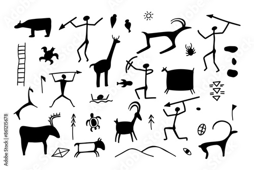 Cave silhouettes of early humans, accompanied by horses, deer, and bulls, captured in the style of ancient rock paintings. Prehistoric drawing on walls, ancient symbols in vector illustration