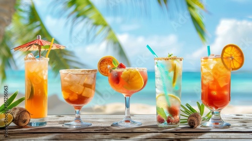Assorted tropical cocktails on a wooden table with beach background.