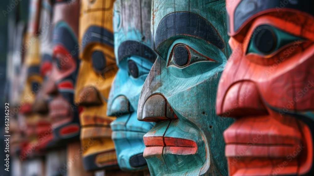 Fototapeta premium Colorful wooden masks arranged in a row, side view. Indigenous Peoples Day