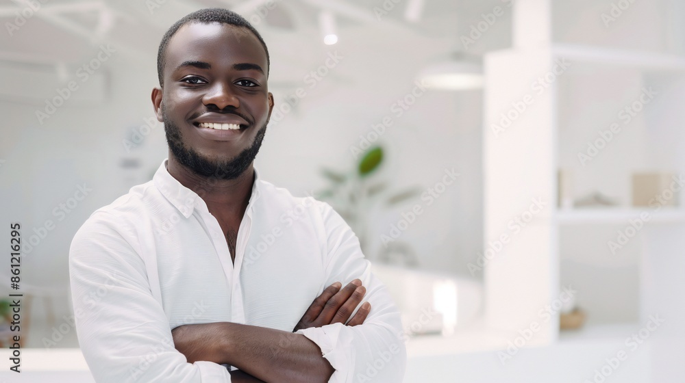 Professional black man, standing with arms crossed in minimal white office, determined look, frontal portrait. Professional black man, standing with arms crossed in minimal white office, determined look, frontal portrait.