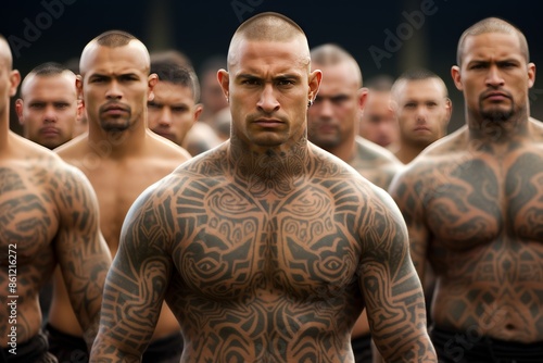 Group of men with full body tattoos standing in formation. Indigenous Peoples Day