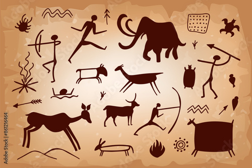 Cave silhouettes of early humans, accompanied by horses, deer, and bulls, captured in the style of ancient rock paintings. Prehistoric drawing on walls, ancient symbols in vector illustration