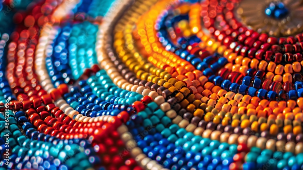 Close-up of colorful beaded pattern with various shades of beads. Indigenous Peoples Day Close-up of colorful beaded pattern with various shades of beads. Indigenous Peoples Day