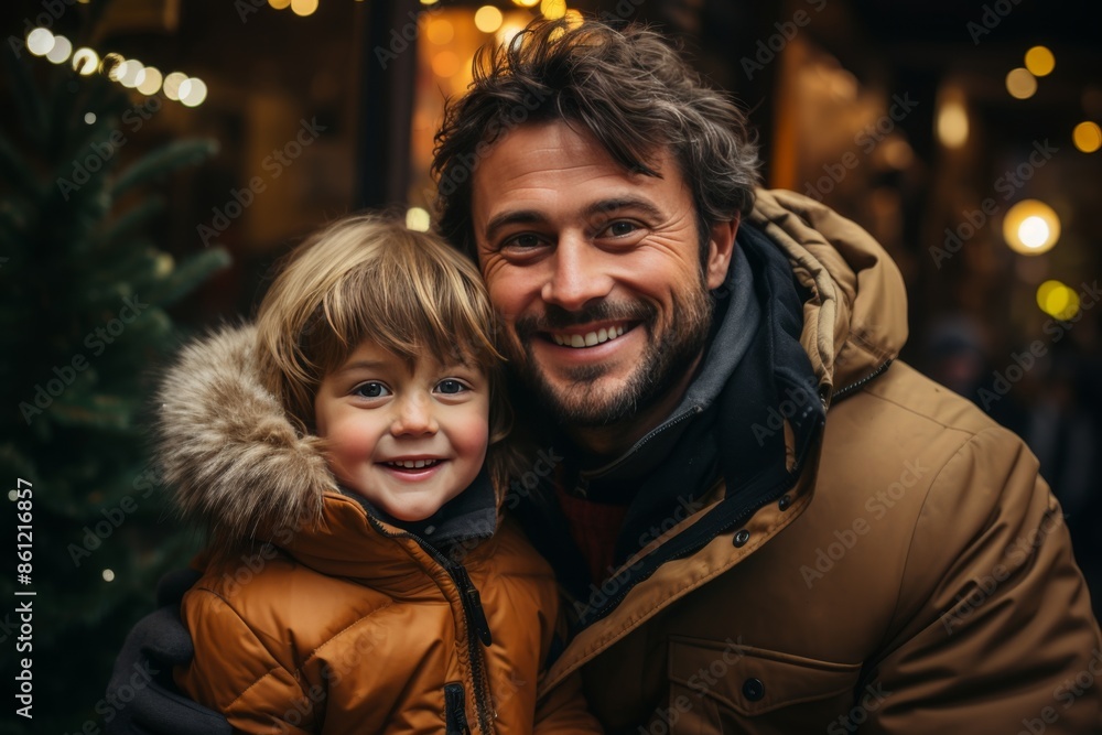 Smiling father and son in warm jackets sitting indoors with bokeh lights in the background Smiling father and son in warm jackets sitting indoors with bokeh lights in the background