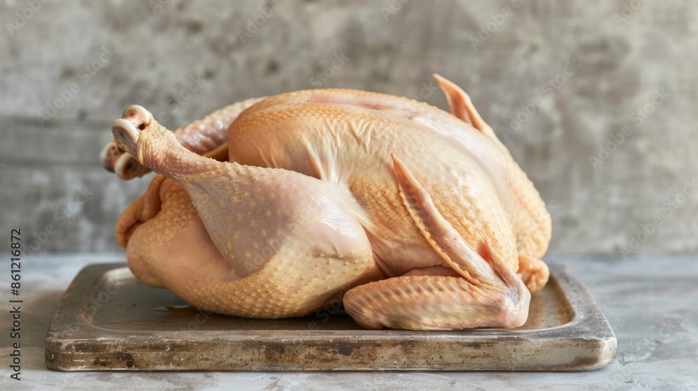 Raw whole chicken with rosemary and garlic on a gray surface. Fresh poultry preparation. Raw whole chicken with rosemary and garlic on a gray surface. Fresh poultry preparation.