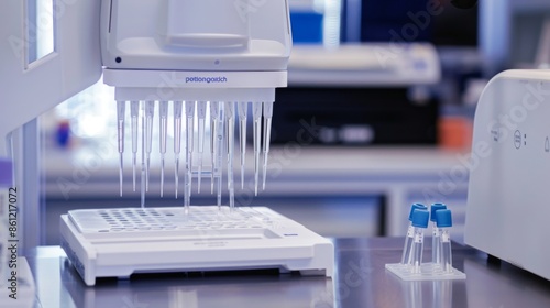 Automated laboratory equipment with pipettes and test tubes.