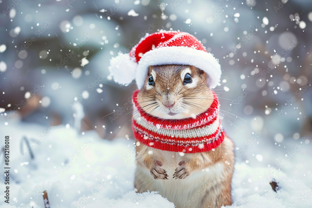 A small squirrel wearing a red hat and a red sweater A small squirrel wearing a red hat and a red sweater