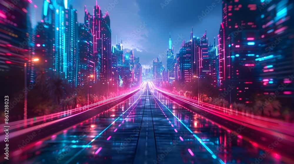 Futuristic Cityscape Powered by with Autonomous Vehicles and Glowing Neon Lights in Urban Landscape