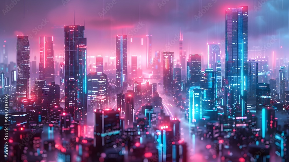 Futuristic AI Powered Cityscape Glowing with Neon Lights and Smart Buildings Futuristic AI Powered Cityscape Glowing with Neon Lights and Smart Buildings