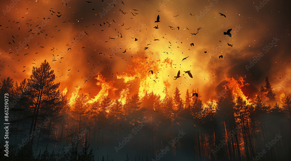 Many birds fly out of the burning forest. Generative AI. Many birds fly out of the burning forest. Generative AI.