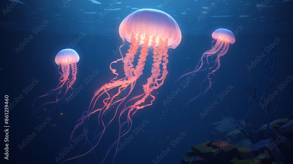 Fototapeta premium Vibrant jellyfish glowing in the ocean depths