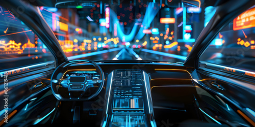 Artificial Intelligence Technology in Autonomous Bright luminous interior of a modern car. Autonomous smart car interior with futuristic interface Abstract virtual graphic touch interface.