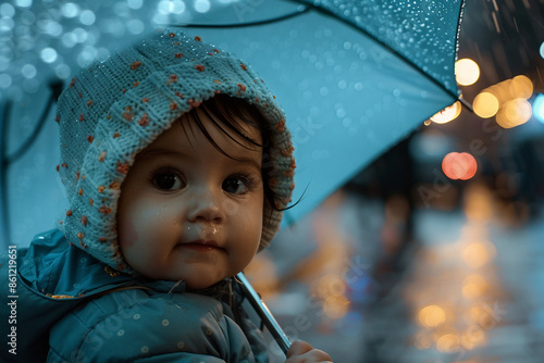Fototapeta Naklejka Na Ścianę i Meble -  Cute small baby walk in rainy weather city streets generative AI