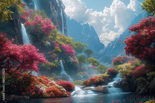 Beautiful Paradise Land with Flower and Waterfall created with Generative AI © dendyh7
