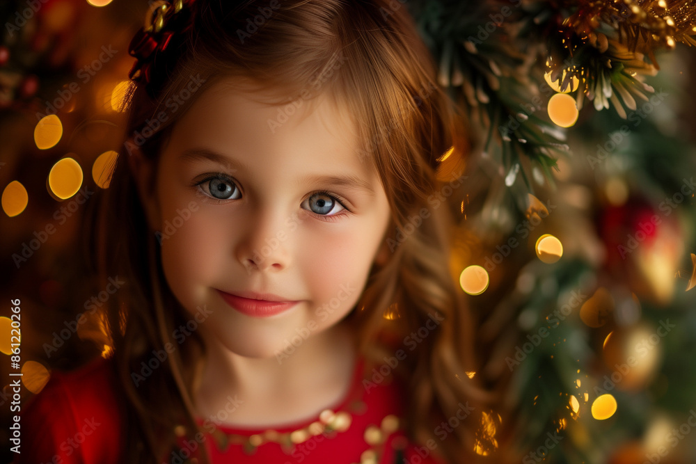 Smiling girl with brown hair in front of Christmas tree, festive lights, warm and joyful atmosphere, close-up portrait, red dress, holiday season, winter magic, child Smiling girl with brown hair in front of Christmas tree, festive lights, warm and joyful atmosphere, close-up portrait, red dress, holiday season, winter magic, child